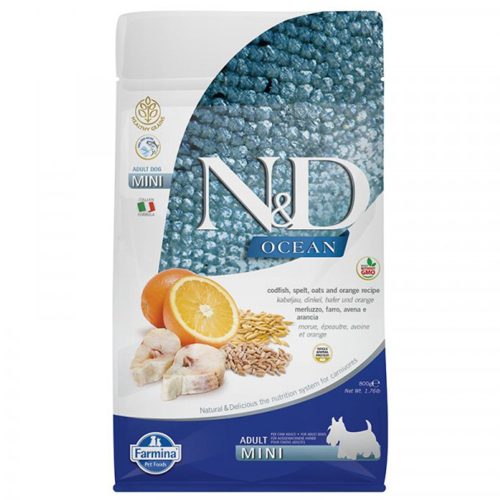 N&D Dog Ocean tőkehal, tönköly, zab&narancs adult mini 800g